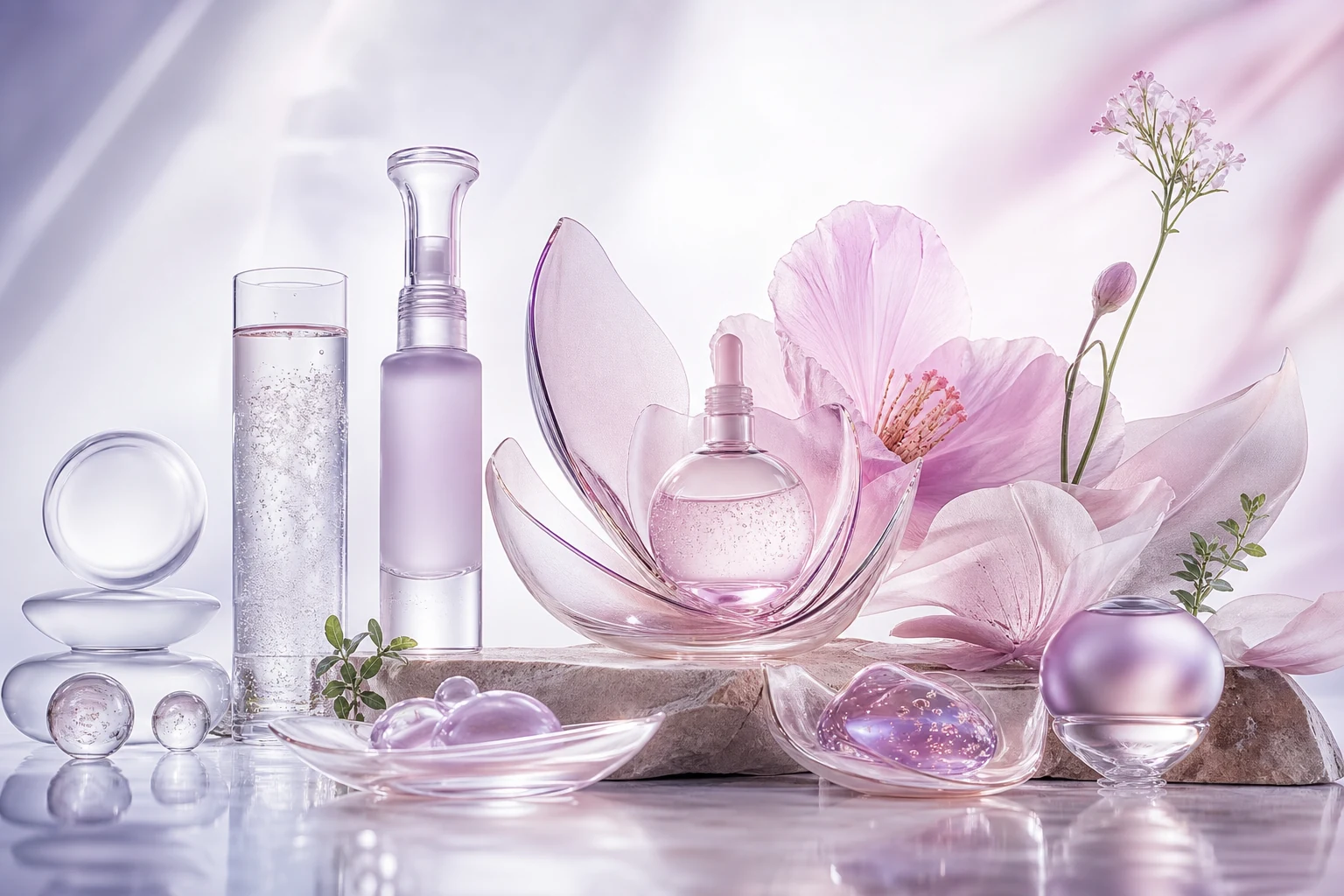 Футуристичная композиция K-beauty с прозрачными флаконами и розовыми цветами